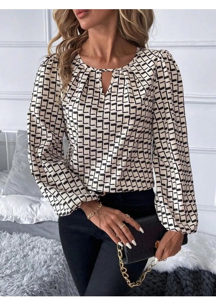 Mdb Kadın Uzun Kollu Damla Detaylı Yaka Desenli Süprem Bluz