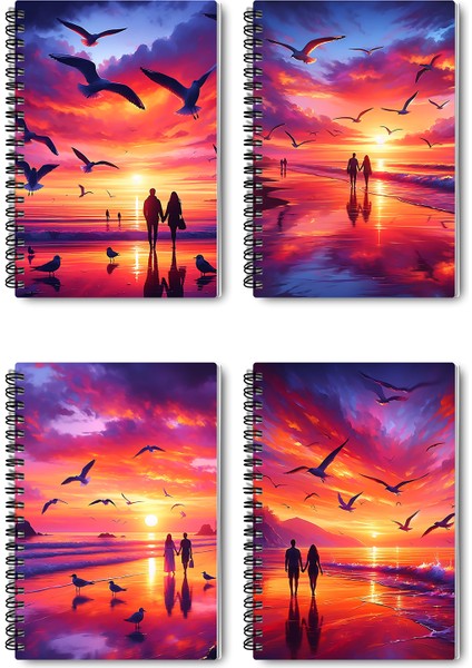Deniz Günbatımı Sunset Tasarım Tel Spiralli 4'lü Hatıra, Günlük, Ajanda, Anı, Okul Defter Seti