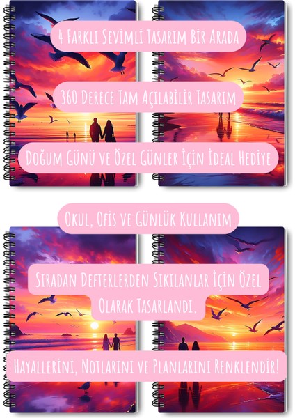 Deniz Günbatımı Sunset Tasarım Tel Spiralli 4'lü Hatıra, Günlük, Ajanda, Anı, Okul Defter Seti