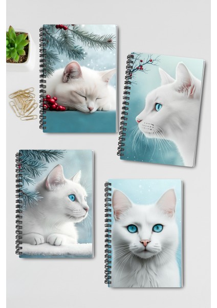 Beyaz Kedi Kış Temalı Tasarım Tel Spiralli 4'lü Hatıra, Günlük, Ajanda, Anı, Okul Defter Seti