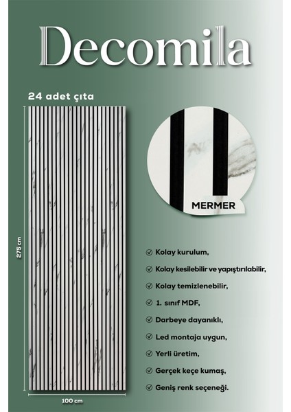 Mdf Ahşap Akustik Duvar Paneli 100X275 cm - Mermer (PVC)