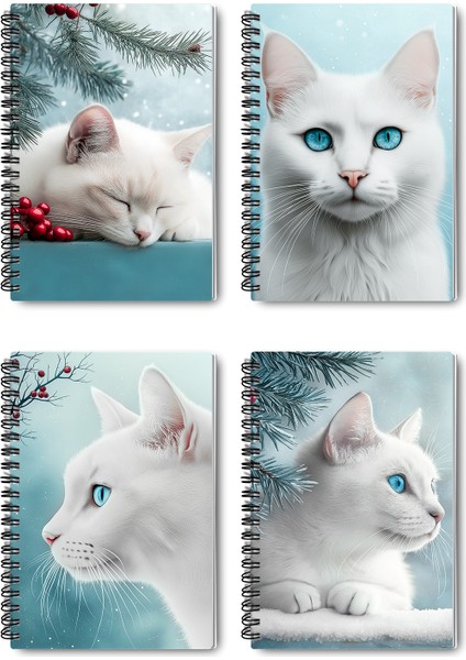 Beyaz Kedi Kış Temalı Tasarım Tel Spiralli 4'lü Hatıra, Günlük, Ajanda, Anı, Okul Defter Seti