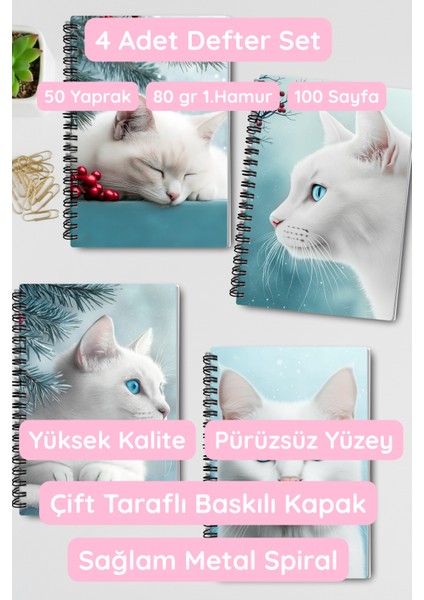 Beyaz Kedi Kış Temalı Tasarım Tel Spiralli 4'lü Hatıra, Günlük, Ajanda, Anı, Okul Defter Seti