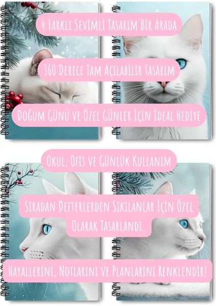 Beyaz Kedi Kış Temalı Tasarım Tel Spiralli 4'lü Hatıra, Günlük, Ajanda, Anı, Okul Defter Seti