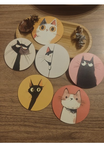 Kedi Desenli, 6 Lı Ahşap Bardak Altlığı