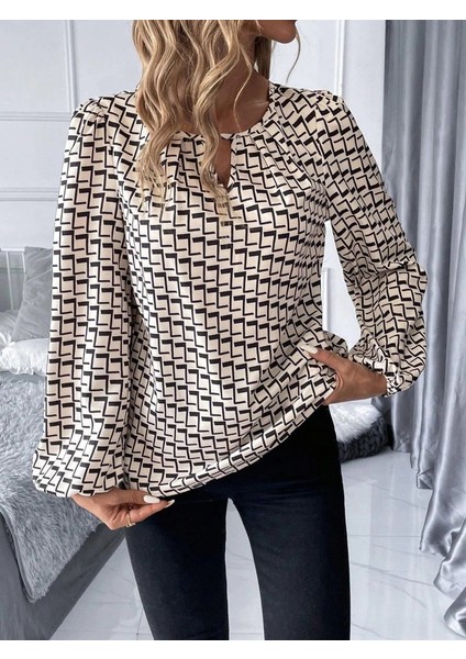 Mdb Kadın Uzun Kollu Damla Detaylı Yaka Desenli Süprem Bluz modelleri