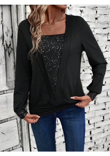 Mdb Kadın Uzun Kollu V Yakalı Içi Süprem Desenli Dışı Viskon Bluz