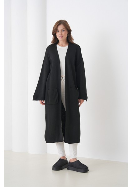 Kadın Tesettüre Uygun Maxi Boy Uzun Kol Cepli Spor Şık Triko Ceket