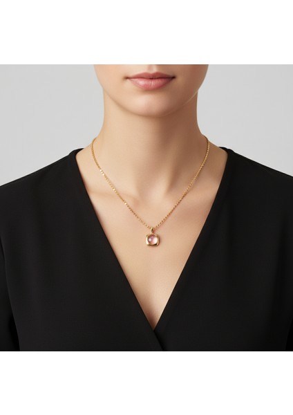 Pembe Oval Taşlı Kadın Kolye, Ayarlanabilir Zincir Uzunluğu, Zincir ile Birlikte Gönderilir Ve 3 Zincir Seçeneği