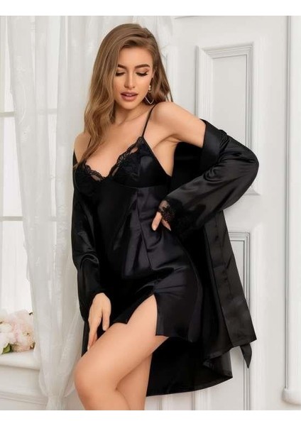 Arias Closet Siyah Dantel Işlemeli Ince Askılı Yırtmaçlı 2'li Saten Gecelik Sabahlık Takımı