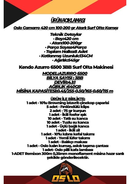 Camarro 420CM 100-200GR Kendo Azurro 6500 Surf Olta Seti fiyatları
