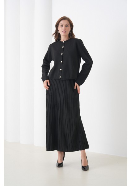 Kadın Pileli Etek Kazağı Düğmeli Tesettüre Uygun Örgü Triko Etekli Ceket Takım fiyatları