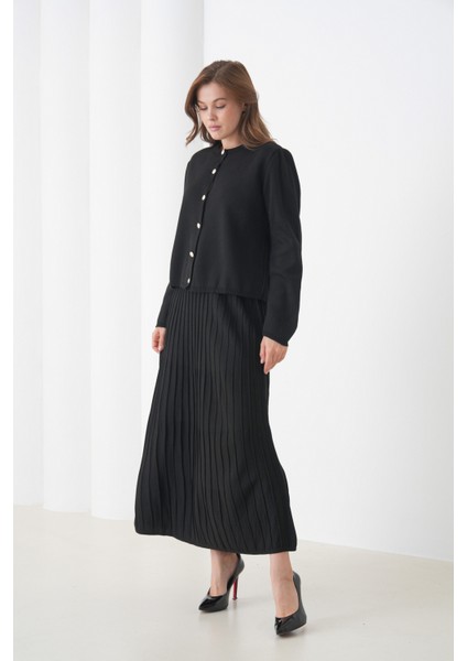 Kadın Pileli Etek Kazağı Düğmeli Tesettüre Uygun Örgü Triko Etekli Ceket Takım modelleri