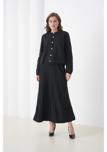 Kadın Pileli Etek Kazağı Düğmeli Tesettüre Uygun Örgü Triko Etekli Ceket Takım indirimleri