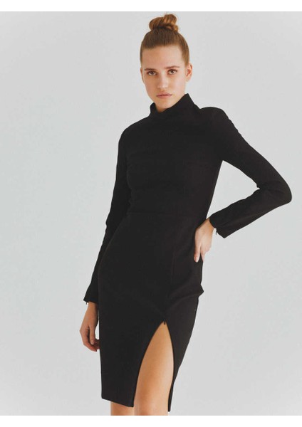 Yırtmacı Fermuarlı Balıkçı Günlük Elbise Siyah K2011007_001 modelleri