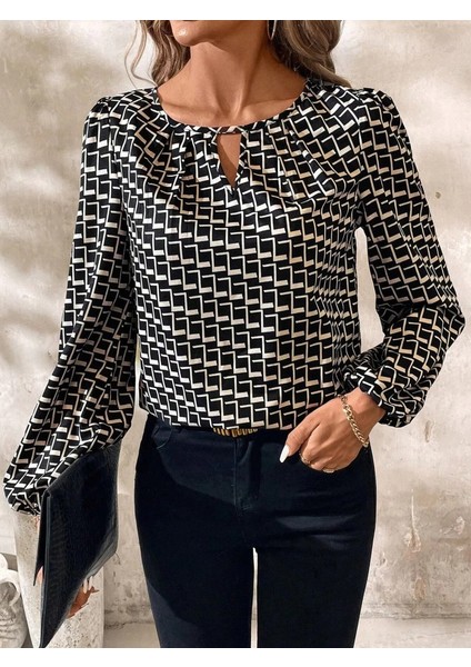 Mdb Kadın Uzun Kollu Damla Detaylı Yaka Desenli Süprem Bluz