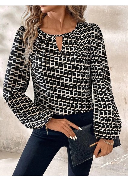 Mdb Kadın Uzun Kollu Damla Detaylı Yaka Desenli Süprem Bluz modelleri