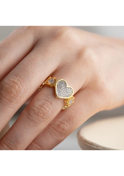 925 Ayar Gümüş Ayarlanabilir Taşlı Kalp Yüzük