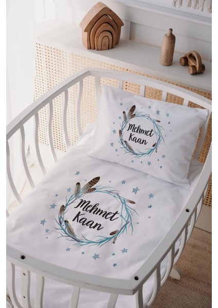 %100 Pamuk Saten Isme Özel Isimli Anne Yanı Beşik Nevresim Takımı Kuş Tüyü