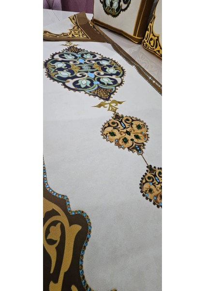 Osmanlı Motifli Kahverengi Kırlent ve Taş Baskılı Runner Takım fiyatları
