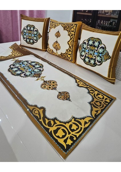 Osmanlı Motifli Kahverengi Kırlent ve Taş Baskılı Runner Takım modelleri