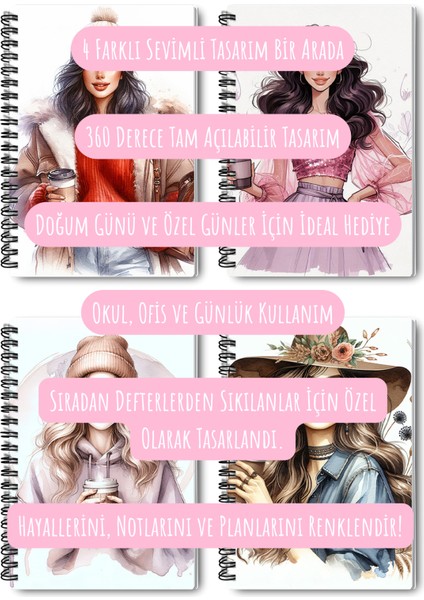 Dört Mevsim Temalı Coffee Girl Tasarım Tel Spiralli 4'lü Günlük, Ajanda, Anı, Okul Defter Seti
