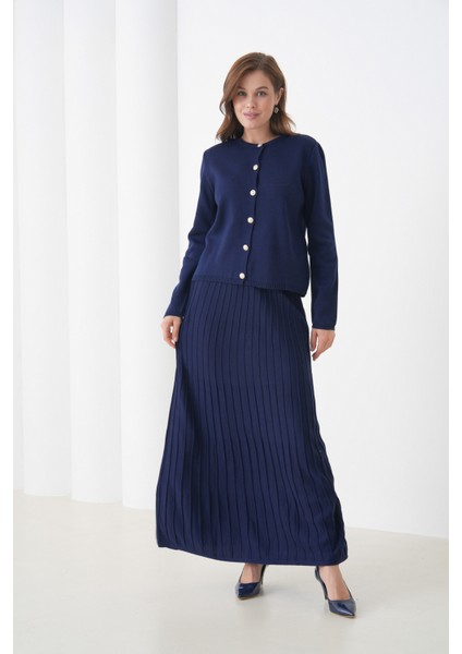 Kadın Pileli Etek Kazağı Düğmeli Tesettüre Uygun Örgü Triko Etekli Ceket Takım modelleri