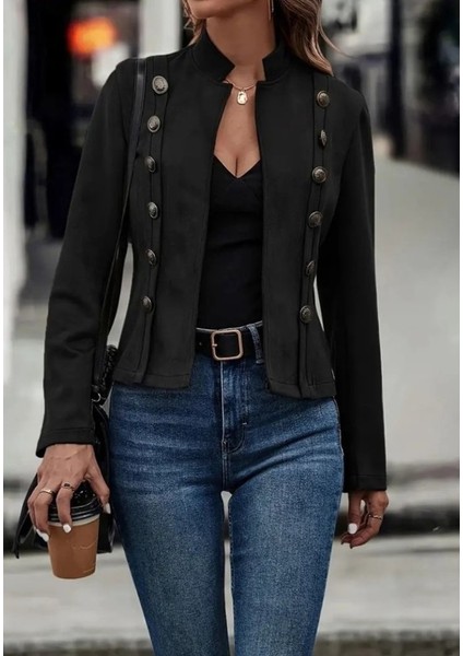 Kadın Uzun Kollu Hakim Yaka Yanlardan Düğmeli Kısa Süet Ceket