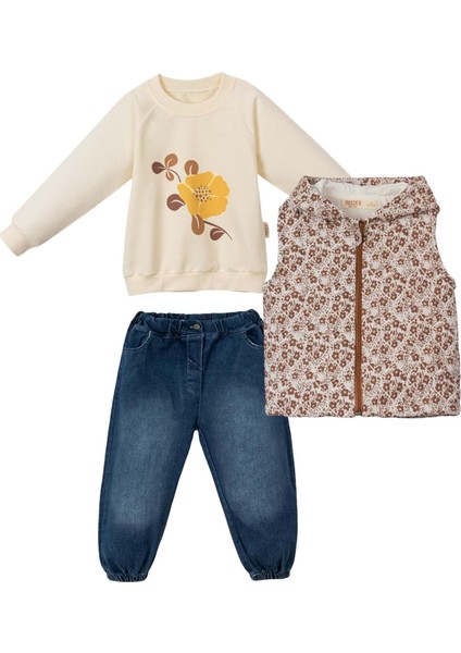 Çiçekli Kapitone Kapüşonlu Yelek Denım Pantolon Üçlü Alt Üst Takım - NEC243272-KAHVERENGI-4 - 5 Yaş Kahverengi
