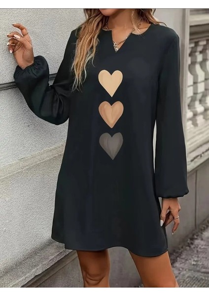 Kadın Uzun Kollu V Yakalı Kalp Desenli Mini Ithal Krep Elbise modelleri