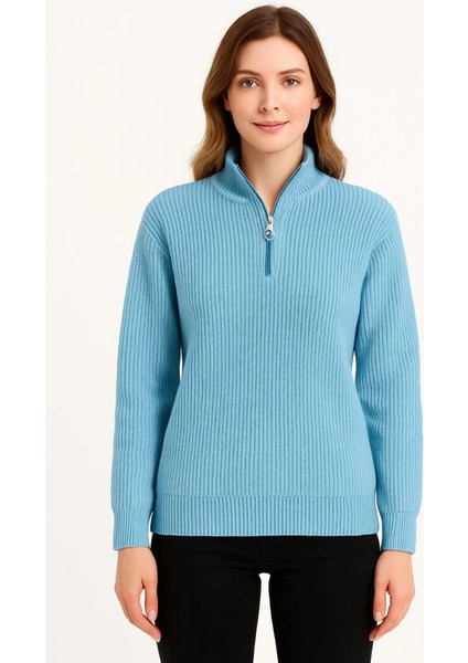 Kadın Yarım Fermuarlı Triko Kazak – Selanik Örgü, Dik Yaka, Pamuklu Dokuma, Oversize Uzun Kollu Kışlık Model - Bebe Mavisi fiyatları