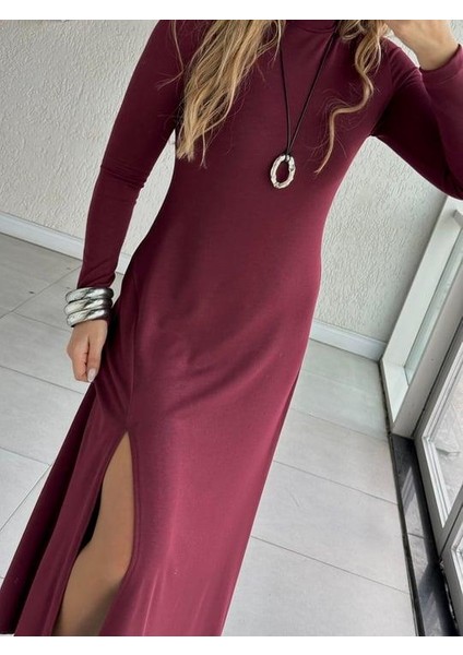 Buketli Kadın Balıkçı Yaka Tek Yırtmaçlı Uzun Kollu Basic Uzun Elbise fiyatları