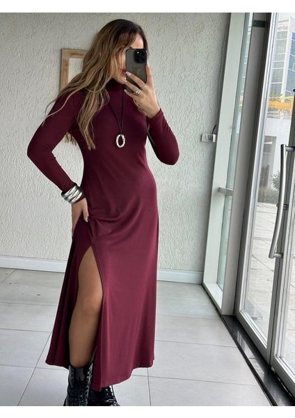 Buketli Kadın Balıkçı Yaka Tek Yırtmaçlı Uzun Kollu Basic Uzun Elbise indirimleri