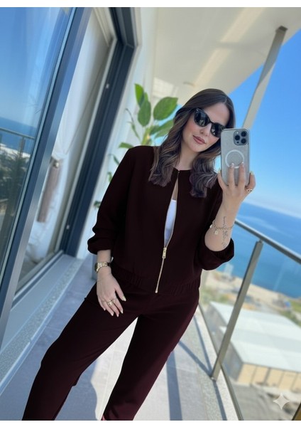 Kadın Uzun Kollu Önden Fermuarlı Modal Ceket ve Pantolon Ikili Takım