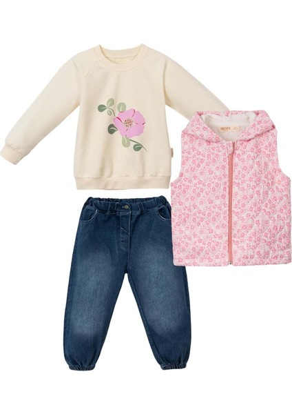 Çiçekli Kapitone Kapüşonlu Yelek Denım Pantolon Üçlü Alt Üst Takım - NEC243272-PEMBE-4 - 5 Yaş Pembe