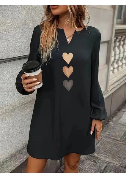 Kadın Uzun Kollu V Yakalı Kalp Desenli Mini Ithal Krep Elbise fiyatları