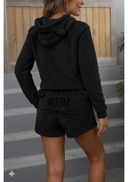 Kadın Uzun Kollu Kapşonlu Peluş Bluz ve Kısa Short Ikili Takım modelleri