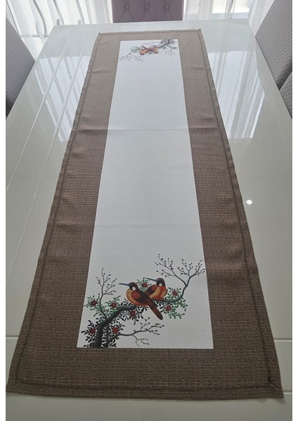 Runner Kenarları Jüt Efektli Kuşlu