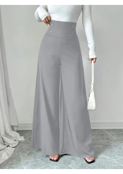Kadın Yüksek Bel Düğmeli Geniş Paçalı Ithal Krep Pantolon modelleri