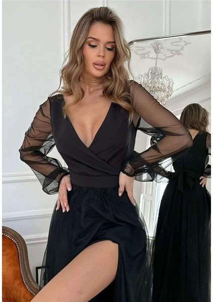 Kadın Uzun Kollu Kruvaze Yakalı Belden Kuşaklı Tüllü Uzun Ithal Krep Elbise fiyatları