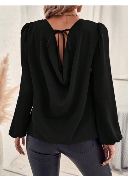 Kadın Uzun Kollu Yuvarlak Yaka Arkadan Bağcıklı Salaş Ithal Krep Bluz fırsatları