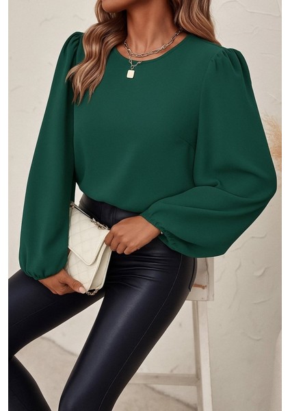 Kadın Uzun Kollu Yuvarlak Yaka Arkadan Bağcıklı Salaş Ithal Krep Bluz