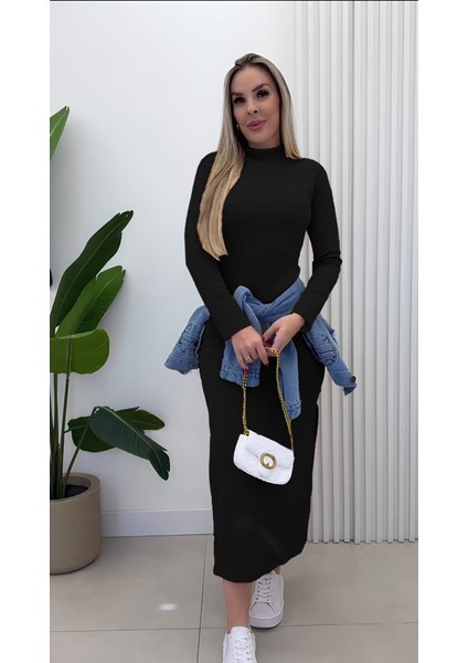 Kadın Uzun Kollu Balıkçı Yakalı Yanlardan Yırtmaçlı Kaşkorse Maxi Elbise