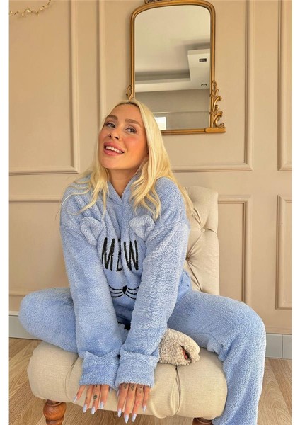 Bebe Mavisi Meow Desenli Tam Peluş Pijama Takımı fiyatları