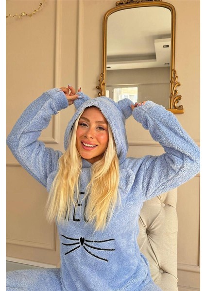 Bebe Mavisi Meow Desenli Tam Peluş Pijama Takımı modelleri