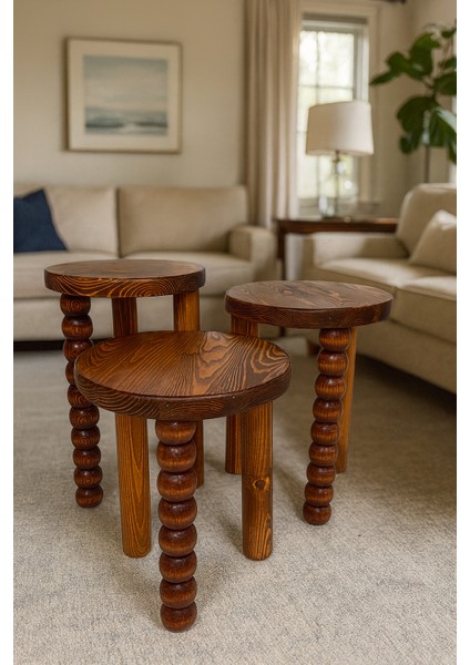 El Işçiliği Ahşap Mantar Sehpa Seti – 3’lü Fındık Renk Doğal Zigon Sehpa