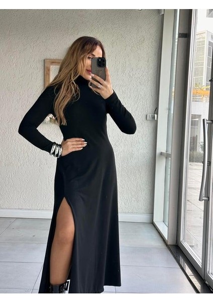 Buketli Kadın Balıkçı Yaka Tek Yırtmaçlı Uzun Kollu Basic Uzun Elbise