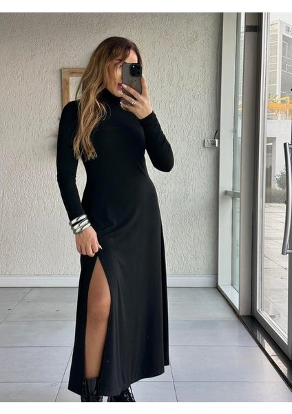 Buketli Kadın Balıkçı Yaka Tek Yırtmaçlı Uzun Kollu Basic Uzun Elbise fiyatları