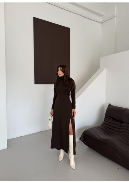 Buketli Kadın Balıkçı Yaka Tek Yırtmaçlı Uzun Kollu Basic Uzun Elbise