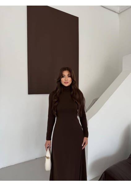 Buketli Kadın Balıkçı Yaka Tek Yırtmaçlı Uzun Kollu Basic Uzun Elbise fiyatları